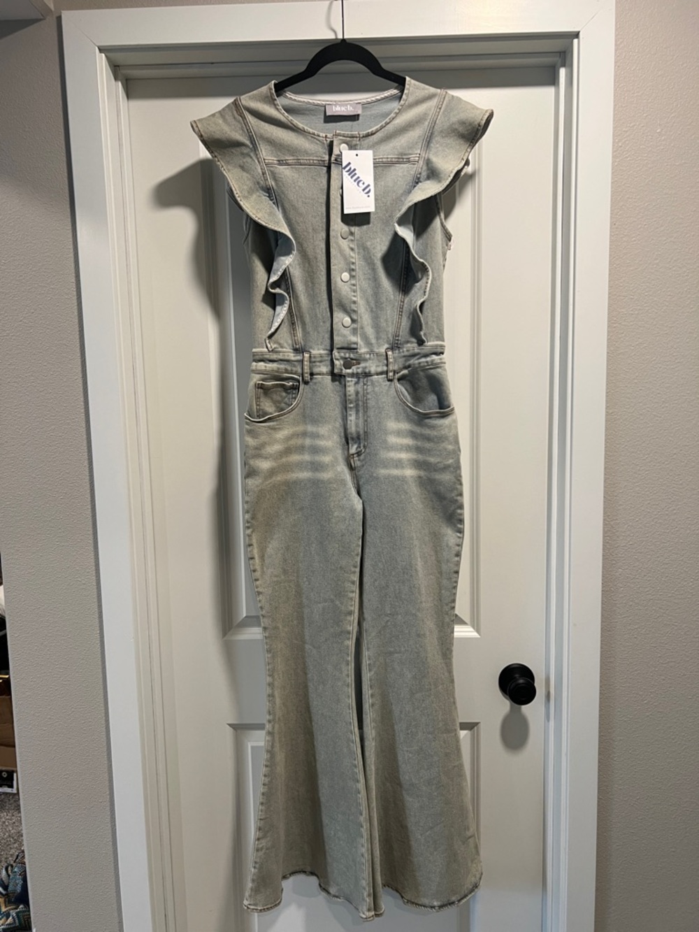 Blue B Women’s Ruffle-Sleeve Wide-Leg Jeans Jumpsuit Size S NWT